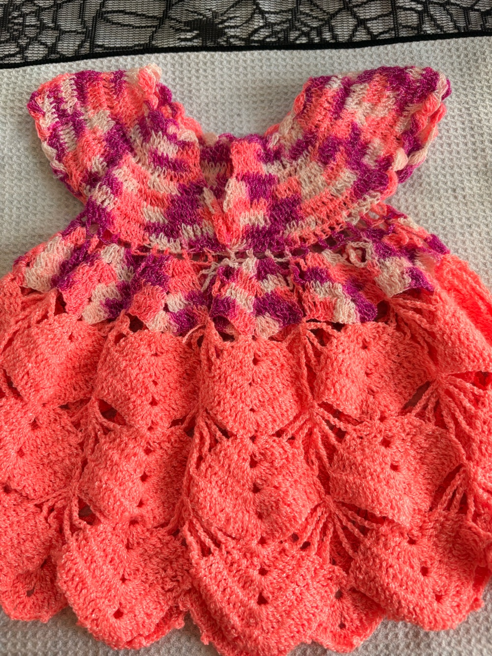 Handmade Crochet Ruffle Dress – Vibrant Coral & Variegated Pink Berry dress